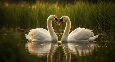 Fototapeta premium Two swans facing each other forming a heart shape with their necks in a serene pond setting outdoors