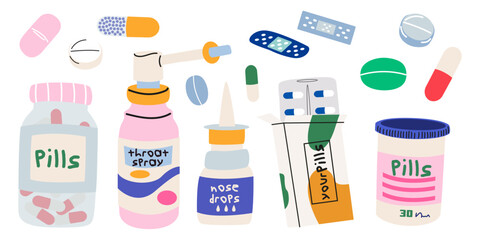 Medicine, pharmacy, hospital. Cartoon retro collection of medicines and pills for illness and colds. Nose drops, throat spray, plaster, pills, tablets and medicine drugs. Vector illustrations