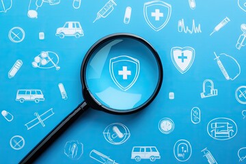 Medical icons, magnifying glass focused on a shield with a plus sign, on a light blue background.  Detailed content includes various medical symbols, suggesting healthcare research or investigation