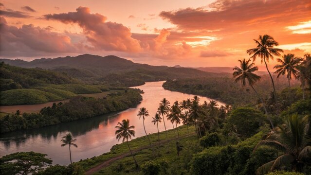 Breathtaking sunset over lush river landscape tropical paradise photography scenic view nature's serenity