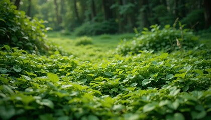 Fototapeta premium Lush green moss flourishes on a tree branch and the forest ground, showcasing nature's vibrant summer growth and intricate texture