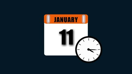 January 11th date and time animation with calendar and clock on dark background