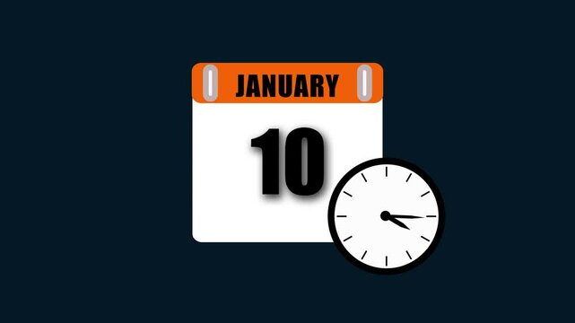 Animated calendar showing january 10th with a clock on dark blue background