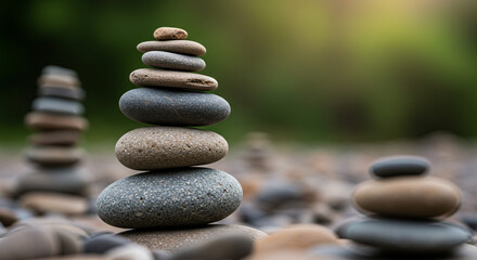 A zen stone stack with blurred background showing balance and nature harmony in a peaceful outdoor scene