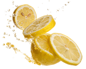 Floating lemon slices with juice droplets on a black background in a studio shot composition