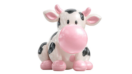 Playful cartoon cow sitting and blowing a large pink bubble gum, isolated on a transparent background, creating a whimsical and cheerful scene