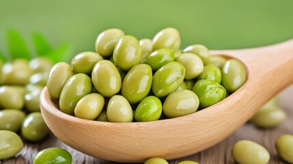 Fresh green mung beans in a wooden spoon on a blurred green background