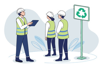 A construction crew gathers at the emergency assembly area to plan safety measures and coordinate teamwork for efficient site operations.