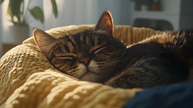 Cute tabby cat sleeping peacefully in cozy yellow bed