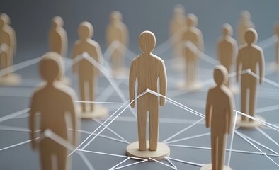 Connected figures, symbolic of a network or team.  Wooden figurines linked by thin threads, creating a complex web