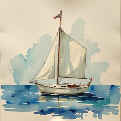 a soft watercolor sketch of a sailboat gliding on calm waters, using a light and breezy watercolor style, with pale turquoise and cream tones, on textured paper, delicate lines, fuzzy edges