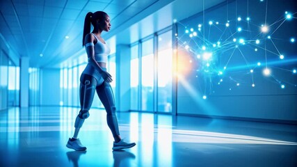 A futuristic male athlete with advanced prosthetic legs stands in a digital environment, symbolizing innovation in bio mechanical engineering and wearable technology. - Powered by Adobe