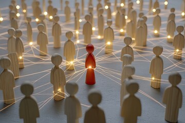 A single red figure amongst a crowd of light-filled wooden people, interconnected by glowing lines.  A concept of leadership, networking, or connection