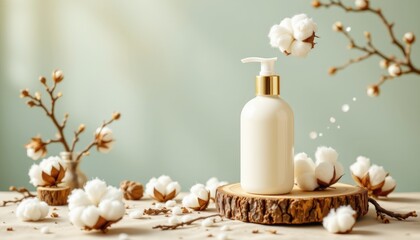 nature inspired baby lotion advertisement scene with floating cotton tufts, glossy bottle, elegant composition, soft pastel tones, crisp textures, product spotlight effect