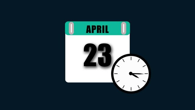 Calendar displaying april 23 with clock indicating time on dark blue background