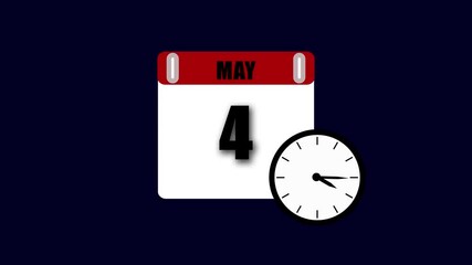 Animated calendar with clock showing date may 4th on a dark background