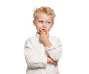 Young boy displaying thoughtful expression in casual clothing, cut out transparent