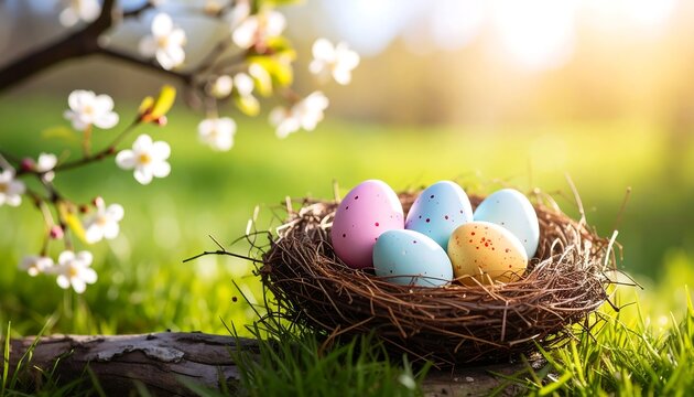 Easter eggs nest spring blossom.
