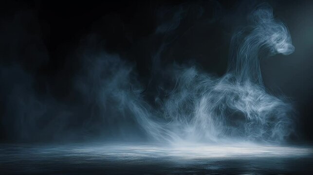 Misty smoke swirling over dark floor with atmospheric fog creating mysterious and eerie swirling fog in dark atmospheric environment