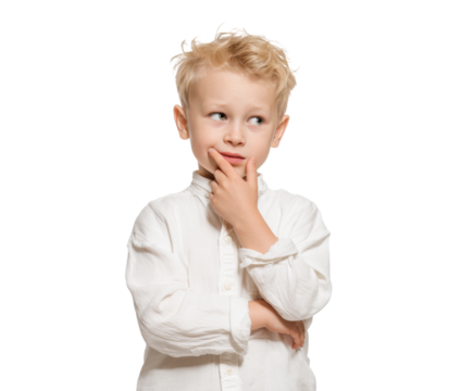 Young boy displaying thoughtful expression in casual clothing, cut out transparent - Powered by Adobe