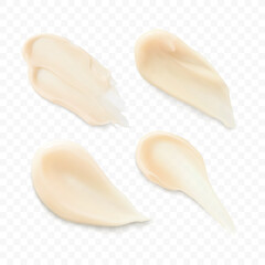 Beige facial cream moisturizer smears set realistic vector illustration. Skincare smudges and strokes beauty cosmetic product texture. Shampoo, hair conditioner, serum.