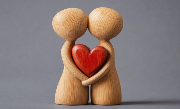 Two light-brown wooden figurines embrace a red heart