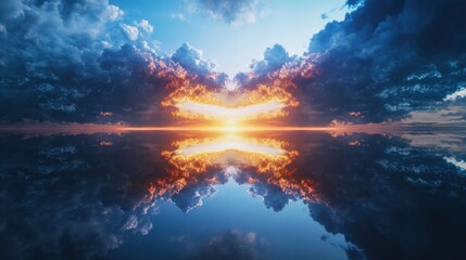 Naklejka premium Stunning sunset reflection over calm lake nature photography serene environment vibrant clouds