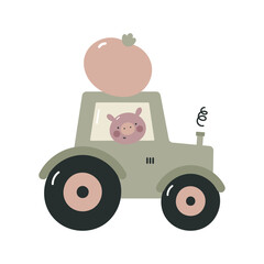 Tractor with cute pig on white background. Kids print. Vector illustration in flat cartoon style. 