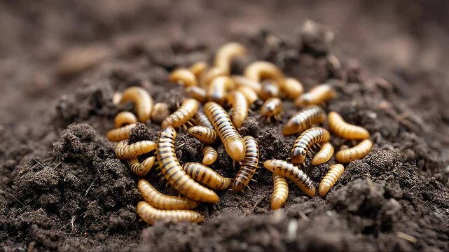 Wireworm larvae crawling across surface of agricultural soil, revealing potential crop damage and agricultural pest behavior in natural environment