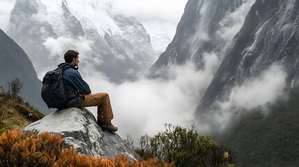 A hiker resting on a rock in a fog-covered mountain