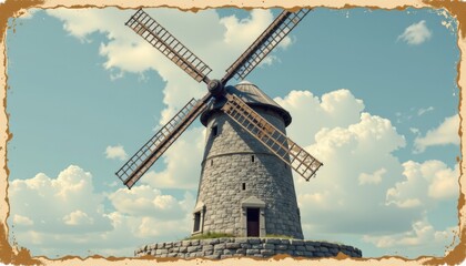 charming historic windmill in a vintage poster style, featuring sky gray blue shades, classic borders, aged textures, vintage appeal, high resolution