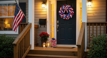 Patriotic decorations on home porch with American flag. Independence Day festive decor for Fourth of July celebration.
