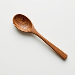 single wooden spoon on a white background, in a refined style, with sharp details, minimal reflection, studio glow, high resolution