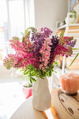Beautiful bouquet of pink and purple lupines