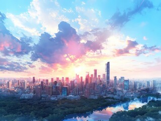 Obraz premium Stunning sunset cityscape urban skyline digital art vibrant environment aerial view modern architecture