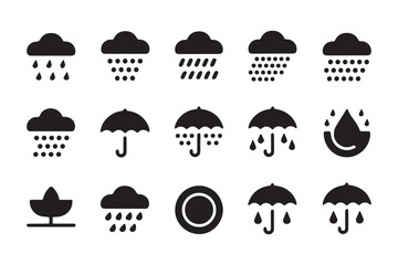 Collection of weather icons depicting various types of rain and umbrellas for protection, suitable for weather apps or websites.
