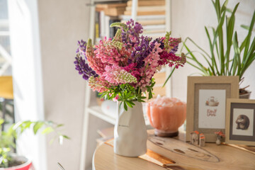 Beautiful bouquet of pink and purple lupines