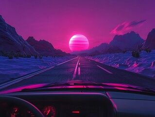 Synthwave road trip: Driving into the pink sunset with mountains