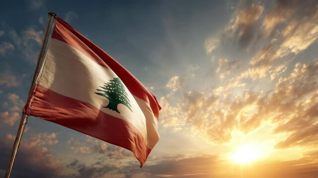 Lebanese flag waves against sky at sunset. Red and white colors, golden hues of sun. Green cedar tree, national symbol. Strong sense of national identity and pride. Lebanon, culture, unity.