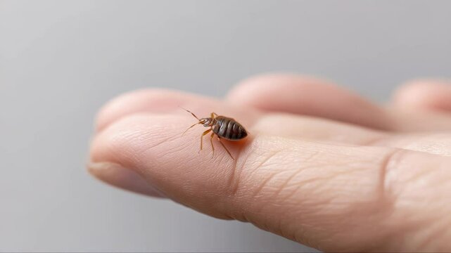 Bed bug creeping slowly across human finger, displaying detailed anatomy against neutral gray surface, highlighting potential health risks and pest characteristics