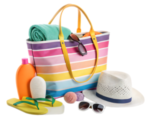 A beach bag filled with a towel sunglasses and sunscreen with a hat and flip flops nearby