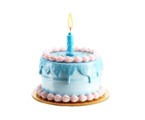 Celebrate a joyful birthday with a delicious blue cake and candle, cut out transparent