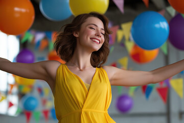 Fototapeta premium A woman in a yellow dress is surrounded by colorful balloons and streamers. She is smiling and she is happy. The image conveys a festive and joyful atmosphere