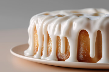 A white cake with a white glaze on top. The glaze is dripping down the sides of the cake