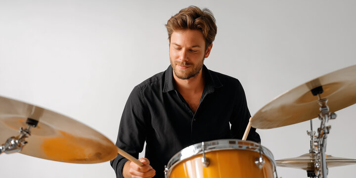 A man is playing drums with a yellow drum. He is smiling and he is enjoying himself - Powered by Adobe