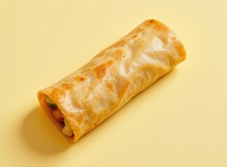 delicate spring roll positioned in the top left corner on a pale lemon background, in a minimalist food photography style, with light morning glow, spacious composition, high resolution