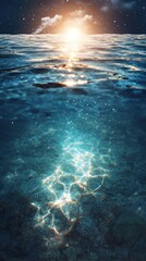 Fototapeta premium Sunset reflection over tranquil ocean waters coastal paradise high-resolution image serene atmosphere aerial perspective