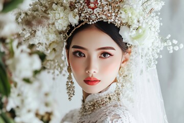 Indonesian young women wears a traditional Indonesian wedding hairstyle with a large, ornate jeweled headband and a long floral garland cascading down her hair. The garland is made of small white flow