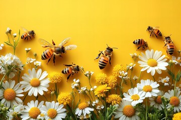 World bee day celebration with honeycomb pattern and vibrant flowers for nature awareness