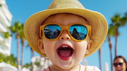 Happy young girl wearing sunglasses and a straw hat outdoors on a sunny day
